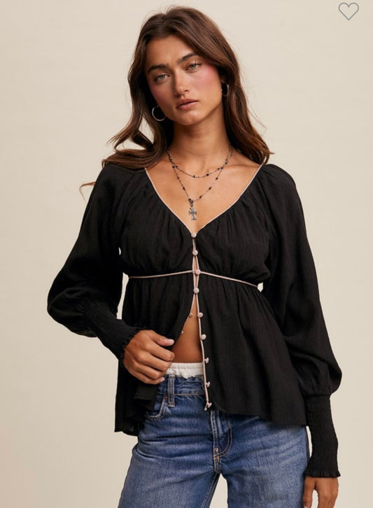 Black button front blouse